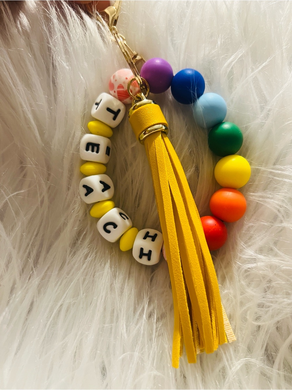 Teacher Yellow Tassel Rainbow Bead Keyring - Picture 4 of 4